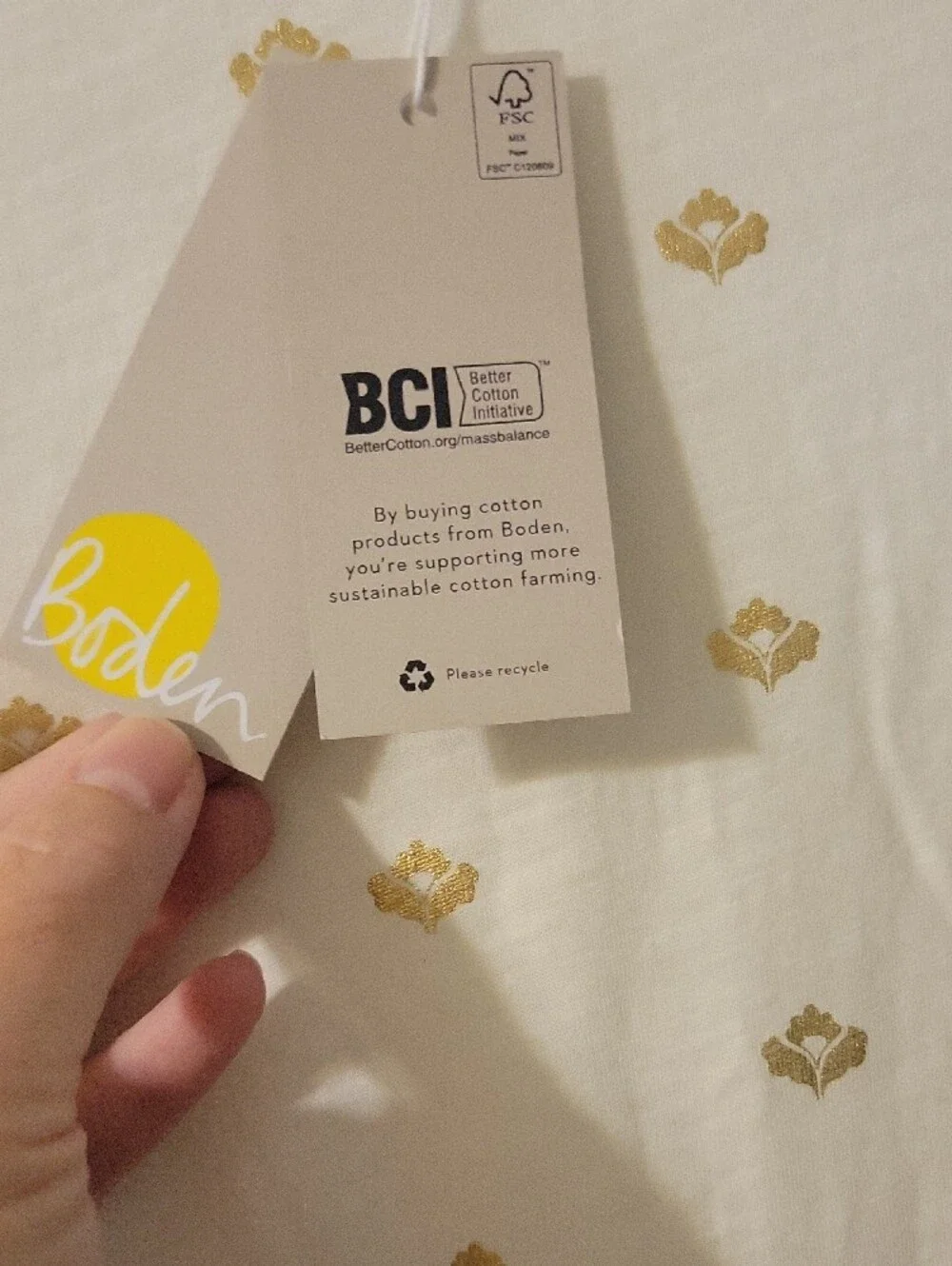 NWT Boden Cream Dress with Gold Foil Motif